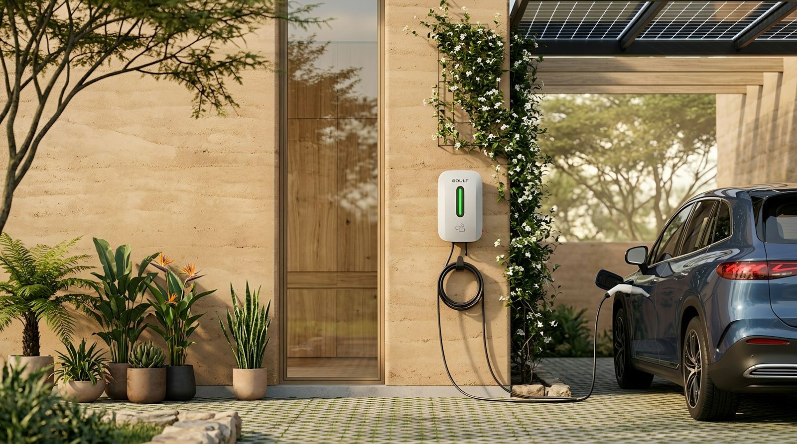 Elektroauto lädt an einer Wallbox vor einem Wohnhaus