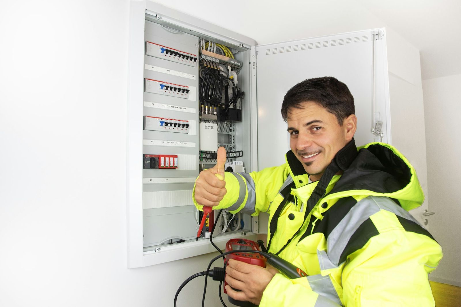 Elektriker in Warnjacke an einem geöffneten Unterverteiler